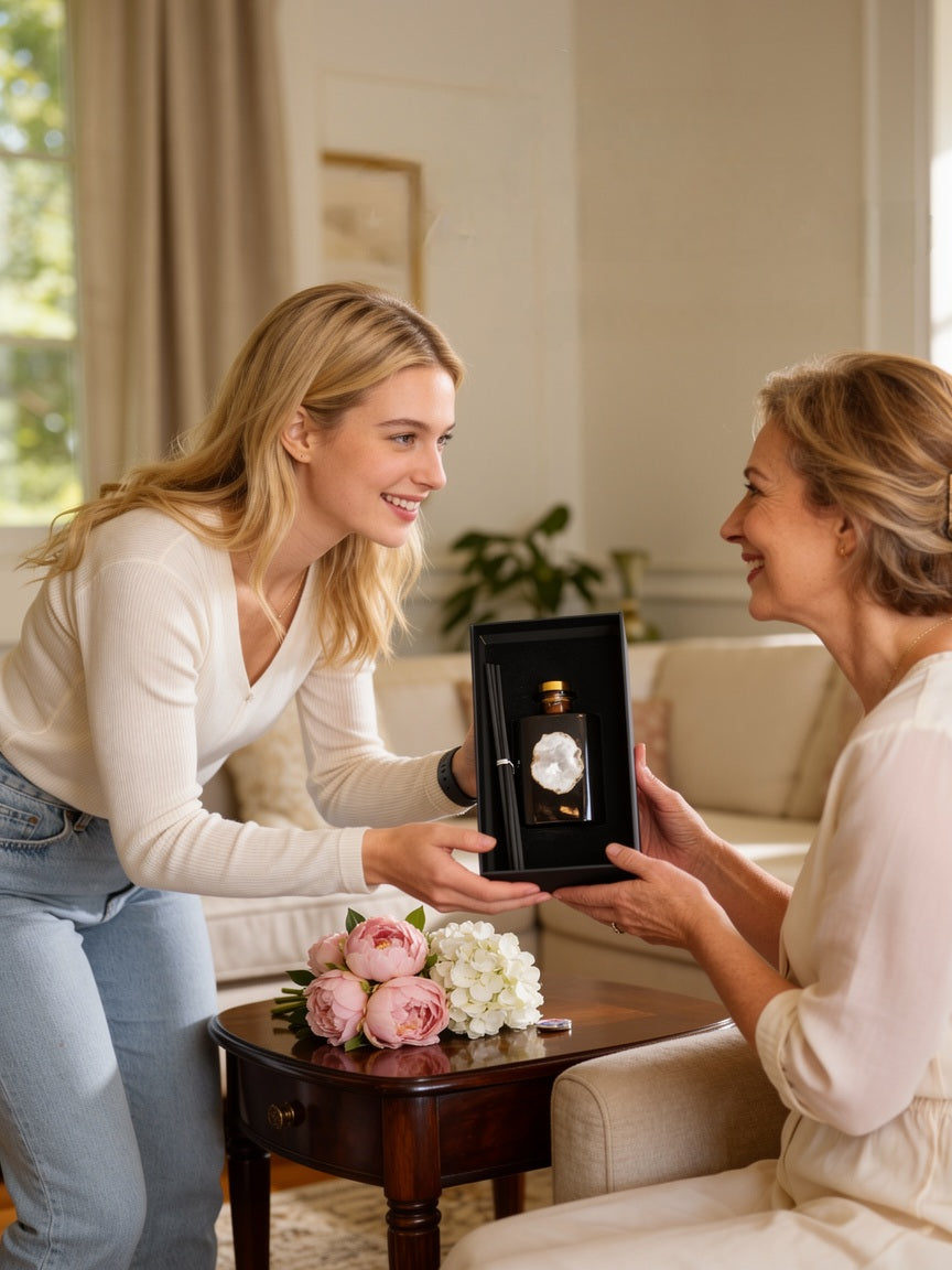 ✓ Tot 6 maanden geur
✓ Navulbaar &amp; duurzame keuze
✓ Echte bergkristal (exclusief design)
✓ Luxe cadeauverpakking

Breng direct een warme, luxe geur in huis met deze exclusieve amber geurstokjes.&nbsp;De combinatie van frisse bergamot, zachte jasmijn en warme amber &amp; musk zorgt voor een rustgevende, hotelachtige sfeer die tot wel 6 maanden blijft hangen.

Dankzij het echte bergkristal is dit niet alleen een geurproduct, maar ook een stijlvolle eyecatcher in je interieur.

Geurnoten: 🍋 Fris: Bergamot